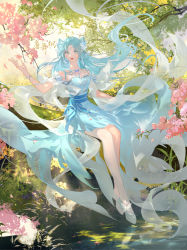 Rule 34 | 1girl, absurdres, bare shoulders, blue dress, blue hair, cherry blossoms, douluo dalu, dress, grass, hair ornament, high heels, highres, in tree, long hair, sitting, sitting in tree, tang wutong (douluo dalu), tang wutong tongren she, tree, weibo watermark