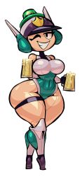 Rule 34 | 1girl, abs, alcohol, android, badge, bare shoulders, beer, beer mug, black eyes, boots, breasts, covered navel, cup, eyeliner, female focus, glass, green hat, green leotard, hat, helmet, knee boots, large breasts, leotard, lips, makeup, mighty switch force!, mug, noonun, one eye closed, patricia wagon, police, police helmet, police uniform, policewoman, saint patrick&#039;s day, shiny clothes, shiny skin, smile, solo, st. patrick&#039;s day, strap, teeth, thick thighs, thigh strap, thighs, transparent background, uniform, white leotard, white trim, wide hips, wink