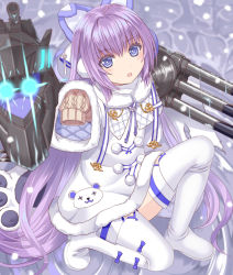 Rule 34 | 1girl, azur lane, blue bow, blue eyes, blush, boots, bow, brown sweater, commentary request, dress, fur-trimmed dress, fur-trimmed sleeves, fur trim, glowing, glowing eyes, hair between eyes, long hair, long sleeves, looking at viewer, on one knee, parted lips, purple hair, revision, sleeves past fingers, sleeves past wrists, snowing, solo, sweater, tashkent (azur lane), thigh boots, thighhighs, tukino neru, very long hair, white dress, white footwear, white thighhighs, wide sleeves