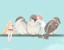 Rule 34 | 2girls, animal, animal hug, bare arms, bare shoulders, barefoot, bird, bird request, blonde hair, blue sky, blush, bow, braid, brown hair, center frills, closed eyes, closed mouth, collarbone, day, dress, emia wang, fairy, food, frilled dress, frills, hair bow, highres, holding, holding food, long hair, looking at animal, looking away, mini person, minigirl, multiple girls, original, outdoors, pointy ears, see-through, short sleeves, side braids, sitting, sky, sleeveless, sleeveless dress, smile, standing, twin braids, very long hair, wavy hair, white bow, white dress