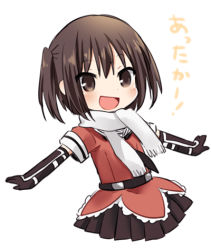 Rule 34 | 10s, 1girl, :d, brown eyes, brown hair, elbow gloves, gloves, ica, kantai collection, looking at viewer, lowres, open mouth, outstretched arms, scarf, school uniform, sendai (kancolle), serafuku, short hair, simple background, skirt, smile, solo, two side up, white background, white scarf