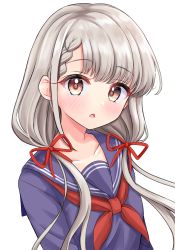 Rule 34 | 1girl, :o, absurdres, bad id, bad pixiv id, blue sailor collar, blue shirt, blush, braid, braided bangs, brown eyes, collarbone, commentary request, grey hair, hair over shoulder, hair ribbon, highres, hisakawa nagi, idolmaster, idolmaster cinderella girls, idolmaster cinderella girls starlight stage, long hair, looking at viewer, low twintails, mitsumine raimu, neckerchief, parted lips, red neckerchief, red ribbon, ribbon, sailor collar, school uniform, serafuku, shirt, simple background, solo, twintails, upper body, white background