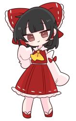 Rule 34 | 1girl, ascot, bare shoulders, blush, bow, brown eyes, brown hair, chibi, closed mouth, commentary request, detached sleeves, frilled bow, frills, full body, hair bow, hair tubes, hakurei reimu, hand up, head tilt, highres, long sleeves, looking at viewer, medium hair, op na yarou, red bow, red skirt, red vest, simple background, skirt, skirt set, sleeves past fingers, sleeves past wrists, smile, solo, standing, touhou, vest, white background, yellow ascot