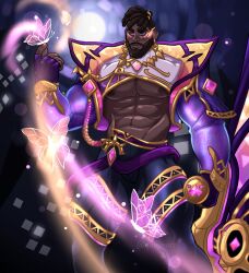 Rule 34 | 1boy, bara, beard, biceps, black hair, brown eyes, bug, butterfly, butterfly on hand, dark-skinned male, dark skin, dreadlocks, earrings, eyeshadow, facial hair, feet out of frame, glowing, highres, holding, insect, jewelry, k&#039;sante (league of legends), large pectorals, league of legends, light trail, makeup, male focus, mature male, muscular, muscular male, mustache, official alternate costume, pants, pectorals, prestige empyrean k&#039;sante, purple butterfly, quuynart, short hair, shrug (clothing), solo, thick arms, thick eyebrows, thighs, underpec, v-taper, very dark skin