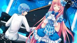 Rule 34 | 1boy, 1girl, blue hair, bow, closed eyes, fraulein (module), from side, hair bow, instrument, kaito (vocaloid), long hair, megurine luka, music, non-web source, piano, pink hair, project diva (series), project diva 2nd, shinyae, shirt, singing, source request, very long hair, vocaloid, white blazer (module), white shirt