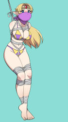 bdsm belly bikini blush bondage bound breasts cleavage cloth_gag collarbone feet forehead_jewel gag gagged highres improvised_gag jam-orbital midriff navel nintendo over_the_nose_gag panties princess_zelda rope super_smash_bros. suspension swimsuit the_legend_of_zelda the_legend_of_zelda:_a_link_between_worlds tied_up_(nonsexual) toes triforce underwear underwear_only