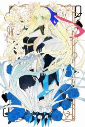 2girls absurdres ahoge artoria_caster_(fate) artoria_caster_(third_ascension)_(fate) artoria_pendragon_(fate) av4399 black_gloves blonde_hair blue_bow blue_eyes blue_flower blue_hair blue_lips blue_rose bow braid breasts breasts_apart cleavage closed_mouth colored_eyelashes commentary contrast crown english_commentary expressionless fate/grand_order fate_(series) floating_hair floral_background flower gloves gradient_hair green_eyes hair_bow highres light_blue_hair lily_(flower) lipstick long_hair long_sleeves looking_at_viewer makeup mini_crown morgan_le_fay_(fate) morgan_le_fay_(queen_of_winter)_(fate) multicolored_hair multiple_girls ponytail reversed rose sidelocks small_breasts smile split_theme straight_hair symmetrical_pose symmetry white_background white_flower white_hair wide_sleeves