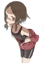 Rule 34 | 1girl, bike shorts, black shirt, black shorts, brown eyes, brown hair, character request, clothes pull, commentary request, forehead, highres, jacket, jacket pull, leaning forward, looking at viewer, low twintails, pulled by self, shirt, short hair, short twintails, shorts, simple background, solo, sportswear, tank top, twintails, white background, yamamoto souichirou