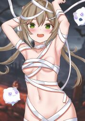 Rule 34 | 1girl, absurdres, armpits, arms up, bat (animal), blurry, blurry background, blush, breasts, cerise0028, collarbone, fang, green eyes, hair between eyes, hair ornament, hairclip, highres, honkai: star rail, honkai (series), light brown hair, linea alba, long hair, low twintails, naked ribbon, navel, pom pom (clothes), pom pom hair ornament, pumpkin, qingque (honkai: star rail), ribbon, skin fang, small breasts, tombstone, twintails, wubbaboo (honkai: star rail)