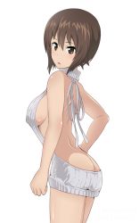 Rule 34 | 10s, 1girl, ass, back, backless dress, backless outfit, bare back, blush, breasts, brown eyes, brown hair, butt crack, cowboy shot, dress, covered erect nipples, girls und panzer, halterneck, highres, large breasts, majikaru bushi, meme attire, naked sweater, nishizumi maho, no bra, no panties, open mouth, sideboob, solo, sweater, sweater dress, turtleneck, turtleneck sweater, virgin killer sweater