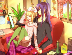 Rule 34 | 1boy, 1girl, 74x, age difference, bad id, bad pixiv id, blonde hair, couple, green thighhighs, hair ornament, hair ribbon, hairclip, hetero, indoors, kagamine rin, kamui gakupo, mirror, open mouth, ponytail, purple hair, ribbon, short hair, smile, sweater, thighhighs, vocaloid