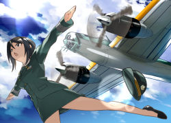 Rule 34 | 10s, 1girl, absurdres, aircraft, airplane, black eyes, black footwear, black hair, black necktie, blouse, chouno ami, cloud, cloudy sky, day, dress shirt, female service cap, flats, from below, girls und panzer, green jacket, green shirt, green skirt, hat, unworn hat, unworn headwear, highres, inou takashi, jacket, japan ground self-defense force, japan self-defense force, jumping, lens flare, long sleeves, military, military hat, military uniform, miniskirt, necktie, open mouth, outdoors, outstretched arms, pantyhose, pencil skirt, see-through, see-through legwear, shirt, shoes, short hair, skirt, sky, skydive, solo, spread arms, spread legs, swept bangs, triangle mouth, uniform, v-shaped eyebrows, vehicle focus, vehicle request