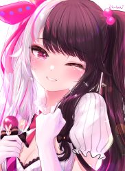 Rule 34 | 1girl, absurdres, black hair, blush, breasts, cleavage, commentary request, hair ornament, hair ribbon, highres, kei-chan (ultimatekeichan), long hair, looking at viewer, multicolored hair, nijisanji, red eyes, ribbon, smile, solo, split-color hair, tears, twintails, two-tone hair, virtual youtuber, yorumi rena, yorumi rena (1st costume)