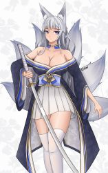 Rule 34 | 1girl, absurdres, animal ear fluff, animal ears, artist name, azur lane, bare shoulders, breasts, cleavage, detached collar, fox ears, grey hair, grey tail, highres, holding, holding sword, holding weapon, i2ger, japanese clothes, kimono, large breasts, looking at viewer, multiple tails, purple eyes, purple kimono, shinano (azur lane), standing, sword, tail, thighhighs, weapon, white thighhighs, zettai ryouiki