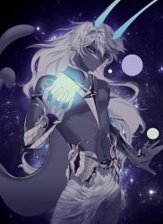 Rule 34 | 1boy, arjuna (fate), arjuna alter (fate), armlet, armor, blue horns, commentary request, conmu, cowboy shot, dark-skinned male, dark skin, expressionless, fate/grand order, fate (series), galaxy, gloves, glowing horns, gold, gold armor, gold trim, grey eyes, highres, horns, indian clothes, korean commentary, long hair, looking at viewer, male focus, orb, pants, parted lips, shiny skin, solo, tail, topless male, vambraces, white gloves, white hair, white pants