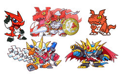 Rule 34 | armor, cannon, claws, digimon, digimon (creature), digital hazard, dukemon, guilmon, highres, imperialdramon, imperialdramon fighter mode, lance, polearm, red eyes, shield, shoutmon, shoutmon x4, tail, weapon, wings