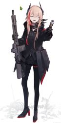 Rule 34 | 1girl, :d, ^ ^, assault rifle, astg, black footwear, black jacket, black pantyhose, boots, christmas tree, closed eyes, commentary request, eyeball, facing viewer, fang, full body, girls&#039; frontline, gun, hair between eyes, hair ornament, high heel boots, high heels, highres, holding, holding gun, holding weapon, jacket, light brown hair, long hair, m4 carbine, m4 sopmod ii, m4 sopmod ii (girls&#039; frontline), multicolored hair, open mouth, pantyhose, red hair, rifle, shoes, smile, standing, streaked hair, v, weapon, white background