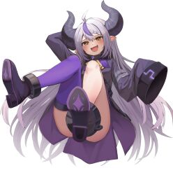 Rule 34 | 1girl, absurdres, ahoge, ankle cuffs, arm behind head, ascot, blush, boots, braid, coat, collar, demon girl, demon horns, fang, grey hair, hair between eyes, high heel boots, high heels, highres, hololive, horns, knees up, la+ darknesss, long hair, long sleeves, looking at viewer, metal collar, multicolored hair, open mouth, pharamacom, pointy ears, purple coat, purple hair, purple thighhighs, simple background, single thighhigh, skin fang, sleeves past fingers, sleeves past wrists, smile, solo, streaked hair, striped horns, thighhighs, very long hair, virtual youtuber, white background, wide sleeves, yellow ascot, yellow eyes
