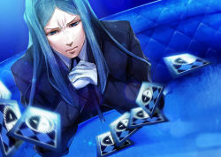 Rule 34 | 1boy, aged up, aoao39, atlus, blue background, blue eyes, blue hair, blue theme, card, cheekbones, cosplay, crossover, fate/zero, fate (series), formal, gloves, igor, igor (cosplay), igor (persona), long hair, lord el-melloi ii, male focus, matching hair/eyes, motion blur, name connection, parody, parted bangs, persona, persona 3, pun, solo, suit, velvet room, waver velvet, white gloves