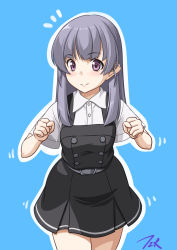Rule 34 | 1girl, alternate hair length, alternate hairstyle, alternate sleeve length, artist name, belt, blue background, commentary request, cowboy shot, dress, grey hair, hair down, highres, kantai collection, long hair, looking at viewer, ooshio (kancolle), ooshio kai ni (kancolle), pinafore dress, shirt, short sleeves, sleeveless, sleeveless dress, solo, t2r, white shirt