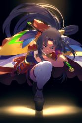 Rule 34 | 1girl, black hair, blue eyes, blush, breasts, detached sleeves, drawing sword, echo (circa), fate/grand order, fate (series), feather hair ornament, feathers, gloves, hair bun, hair ornament, hat, holding, holding sword, holding weapon, japanese clothes, katana, kimono, long hair, long sleeves, lostroom outfit (fate), medium breasts, parted bangs, red gloves, side bun, side ponytail, sidelocks, single glove, single hair bun, single side bun, smile, solo, sword, thighhighs, ushiwakamaru (fate), ushiwakamaru (lostroom outfit) (fate), very long hair, weapon, white thighhighs, wide sleeves