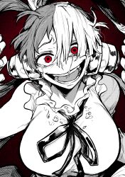 Rule 34 | 1girl, absurdres, black ribbon, commentary request, crying, crying with eyes open, greyscale with colored background, hair rings, headphones, highres, long hair, looking at viewer, monochrome, multicolored hair, one piece, one piece film: red, open mouth, red eyes, ribbon, smile, solo, tears, teeth, two-tone hair, uta (one piece), yandere, yotsumi shiro