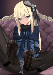 Rule 34 | 1girl, arms behind back, beret, black hat, black pantyhose, blonde hair, blue capelet, blue dress, blue eyes, blush, cameltoe, capelet, commentary request, couch, dress, fate (series), feet, flower, foot focus, fur collar, gusset, hat, hat flower, hat ornament, highres, kesoshirou, long hair, long sleeves, looking at viewer, lord el-melloi ii case files, no shoes, on couch, panties, panties under pantyhose, pantyhose, pantyshot, reines el-melloi archisorte, revision, seductive smile, short dress, sidelocks, sitting, smile, solo, spread legs, straight hair, thighband pantyhose, toes, underwear, upskirt, very long hair, white flower, white panties