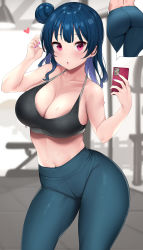 Rule 34 | 1girl, alternate breast size, ass, bare shoulders, black hair, black sports bra, blue pants, blurry, blurry background, blush, breasts, cellphone, cleavage, collarbone, ear piercing, hair bun, highres, holding, holding phone, large breasts, looking at viewer, love live!, love live! sunshine!!, nail polish, navel, pants, phone, piercing, pink eyes, pink nails, selfie, single hair bun, smartphone, solo, sports bra, sweat, tem10, thick thighs, thighs, tile floor, tiles, tsushima yoshiko, yoga pants
