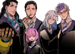 Rule 34 | 2girls, 3boys, black hair, blue hair, brynhildr (fate), collared shirt, fate/grand order, fate (series), gauntlets, glasses, gloves, harry potter (series), headpiece, helena blavatsky (fate), hogwarts school uniform, matching outfits, matimatio, multicolored hair, multiple boys, multiple girls, necktie, nikola tesla (fate), pink eyes, pink hair, pipe in mouth, purple hair, robe, school uniform, sherlock holmes (fate), shirt, sigurd (fate), smoking pipe, two-tone hair, white hair, wizarding world