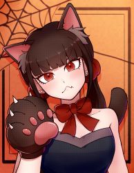 Rule 34 | 1girl, animal ears, animal hands, bare shoulders, black dress, blunt bangs, bow, bowtie, brown hair, cat ears, cat girl, cat tail, collarbone, commentary request, danganronpa (series), danganronpa v3: killing harmony, dress, earrings, hair ornament, hair scrunchie, hand up, harukawa maki, highres, jewelry, kirin (suzoke 1), looking at viewer, low twintails, official alternate costume, orange background, red bow, red bowtie, red eyes, red scrunchie, scrunchie, solo, spider web print, tail, twintails, wavy mouth