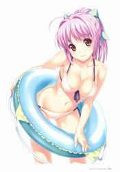 Rule 34 | 10s, 1girl, ahoge, bikini, breasts, brown eyes, cleavage, collarbone, covered erect nipples, eyebrows, front-tie top, hair ornament, highres, hinata hanabi, innertube, jpeg artifacts, koutaro, leaning forward, looking at viewer, medium breasts, navel, pink bikini, pink hair, side-tie bikini bottom, sideboob, simple background, smile, solo, swim ring, swimsuit, tropical kiss, white background