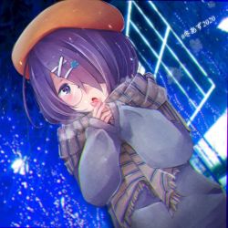 Rule 34 | .live, 1girl, alternate costume, bespectacled, dutch angle, glasses, hair ornament, hairclip, hat, heavy breathing, highres, kiso azuki, looking at viewer, mitsuki vt, night, open mouth, own hands together, purple hair, scarf, short hair, snow, solo, virtual youtuber
