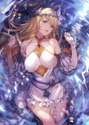 Rule 34 | 1girl, absurdres, bare shoulders, blonde hair, blue eyes, blush, breasts, detached sleeves, dress, flower, granblue fantasy, hair between eyes, hair flower, hair ornament, hands up, highres, jeanne d&#039;arc (granblue fantasy), kakage, large breasts, long hair, looking at viewer, open mouth, partially submerged, sidelocks, smile, solo, wet