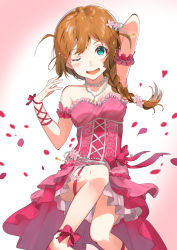 Rule 34 | 1girl, absurdres, aqua eyes, arm up, baba konomi, bad id, bad pixiv id, bare shoulders, blurry, blush, bow, braid, breasts, brown hair, cleavage, commentary request, depth of field, dress, flower, gradient background, hair flaps, hair flower, hair ornament, highres, idolmaster, idolmaster million live!, idolmaster million live! theater days, jewelry, long hair, looking at viewer, necklace, one eye closed, pearl necklace, petals, pink dress, ribbon, rose petals, single braid, small breasts, smile, solo, thigh strap, yuru mame