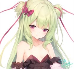 Rule 34 | 1girl, 2023, adapted costume, armpit crease, bare shoulders, black zack, blurry, blush, bow, breasts, closed mouth, collarbone, commentary, dated, depth of field, detached sleeves, frilled sleeves, frills, green hair, hair between eyes, hair bow, hair ribbon, highres, long hair, looking at viewer, murasame (senren), no bra, red bow, red eyes, red ribbon, ribbon, senren banka, sidelocks, signature, simple background, small breasts, smile, solo, split mouth, straight hair, two side up, upper body, white background