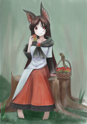 Rule 34 | 1girl, :t, animal ears, apple, asymmetrical clothes, barefoot, basket, blouse, blush, breasts, brooch, brown hair, collarbone, dress, eating, food, forest, fruit, grass, imaizumi kagerou, jewelry, layered sleeves, long hair, long skirt, long sleeves, looking at viewer, medium breasts, nature, nut (food), outdoors, red eyes, red skirt, shirt, short over long sleeves, short sleeves, sitting, skirt, solo, squirrel, tetete, touhou, tree stump, wolf ears