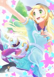 Rule 34 | 1girl, :d, absurdres, apron, black footwear, blonde hair, collared dress, commentary request, creatures (company), dress, eyelashes, game freak, gen 8 pokemon, green dress, green eyes, hat, highres, lillie (pokemon), lillie (special costume) (pokemon), long hair, murase (muraselelait), nintendo, official alternate costume, open mouth, outstretched arm, pantyhose, pokemon, pokemon (creature), pokemon masters ex, polteageist, shoes, short sleeves, smile, sun hat, tongue, white background, white headwear, white pantyhose