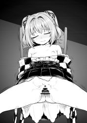 Rule 34 | 1girl, bar censor, bell, blush, breasts, censored, closed mouth, closed eyes, facing viewer, greyscale, hair bell, hair ornament, head tilt, highres, invisible man, itou yuuji, jingle bell, monochrome, motoori kosuzu, nipples, on chair, penis, pussy, sex, sitting, sleep molestation, sleeping, small breasts, spread legs, spread pussy, touhou, two side up, vaginal