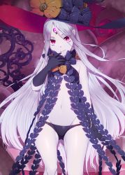 Rule 34 | 1girl, abigail williams (fate), abigail williams (third ascension) (fate), arm at side, black bow, black gloves, black hat, black panties, bow, closed mouth, colored skin, cowboy shot, elbow gloves, eyebrows, eyelashes, eyes visible through hair, fate/grand order, fate (series), gloves, gluteal fold, groin, hand up, hat, head tilt, key, keyhole, legs apart, lips, long hair, looking at viewer, lowleg, lowleg panties, maitei roppa, midriff, navel, orange bow, panties, parted bangs, pink eyes, polka dot, polka dot bow, revealing clothes, smile, solo, standing, stomach, straight hair, third eye, tsurime, underwear, very long hair, white hair, white skin, witch hat