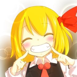 Rule 34 | 1girl, ascot, blonde hair, blouse, blush, bow, closed eyes, grin, hair bow, kameyan, pointing, pointing at self, portrait, rumia, shirt, short hair, smile, solo, teeth, touhou, vest