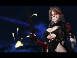 Rule 34 | 1girl, android, artificial eye, blonde hair, breasts, damaged, energy, energy beam, energy bolt, explosion, girls&#039; frontline, gun, highres, holding, holding gun, holding weapon, large breasts, letterboxed, lever-action shotgun, lever action, m1887 (girls&#039; frontline), mechanical eye, mechanical parts, multicolored hair, outdoors, plasma, plasma bolt, plasmoid, red eyes, red hair, rob 110101101, shotgun, smoke, solo, streaked hair, terminator (series), terminator 2: judgment day, weapon, winchester model 1887