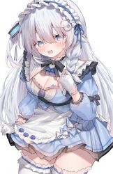 Rule 34 | 1girl, apron, blue dress, blue eyes, blush, breasts, cleavage, dress, eip (pepai), gloves, hair between eyes, highres, long hair, looking at viewer, maid headdress, medium breasts, open mouth, original, simple background, solo, thighhighs, white apron, white background, white gloves, white hair, white thighhighs
