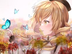 Rule 34 | 1girl, amaryllis (flower), bad id, bad pixiv id, beret, blonde hair, blue butterfly, blush, bow, bug, butterfly, drill hair, fingerless gloves, flower, from side, garden, gloves, hat, highres, insect, long hair, magical girl, mahou shoujo madoka magica, mahou shoujo madoka magica (anime), open mouth, profile, red flower, shirt, solo, spider lily, tomoe mami, ukiukikiwi2525, white flower, white shirt, white spider lily, yellow eyes, yellow flower, yellow spider lily