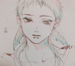 Rule 34 | 1boy, androgynous, aqua hair, blue eyes, collarbone, crying, earrings, eyelashes, eyeshadow, hair over shoulder, highres, insect wings, jewelry, labret piercing, long hair, looking afar, makeup, male focus, mame (mmgamegg), mascara, original, partially colored, portrait, simple background, sketch, solo, tears, tears from one eye, wet, wing earrings, wings