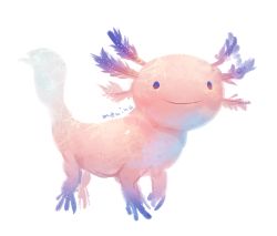 Rule 34 | animal, animal focus, artist name, axolotl, closed mouth, commentary request, full body, looking at viewer, manino (mofuritaionaka), no humans, original, signature, simple background, smile, solo, white background