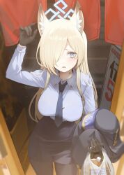 Rule 34 | 1girl, animal ear fluff, animal ears, bag, black gloves, black skirt, blonde hair, blue archive, blue eyes, blue necktie, blue shirt, breasts, gloves, hair over one eye, halo, highres, holding, holding bag, kanna (blue archive), large breasts, long hair, long sleeves, looking at viewer, necktie, notched ear, shirt, skirt, solo, xiujia yihuizi
