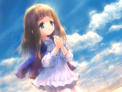 Rule 34 | 1girl, :o, blue eyes, blunt bangs, brown hair, chain-link fence, character request, child, cloud, cowboy shot, day, dutch angle, fence, frills, goto p, highres, jacket, jacket on shoulders, jewelry, long hair, narcissu, necklace, own hands together, pajamas, praying, sky, solo, tareme, wind