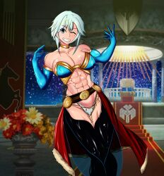 Rule 34 | 1girl, abs, artist request, bandeau, bare shoulders, blue gloves, blue hair, breasts, cleavage, commission, commissioner upload, dagr (fire emblem), elbow gloves, female focus, fire emblem, fire emblem heroes, gloves, grey eyes, grin, half body, harem outfit, harem pants, highres, large breasts, looking at viewer, mole, mole under eye, muscular, muscular female, navel, nintendo, one eye closed, pablo150898, pants, smile, solo, stomach, thighhighs, wink