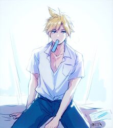 Rule 34 | 1boy, alternate costume, blonde hair, blue eyes, blue pants, casual, cloud strife, collarbone, collared shirt, commentary request, cowboy shot, curtains, final fantasy, final fantasy vii, food, food in mouth, gogochi55, male focus, open collar, pants, popsicle, popsicle in mouth, shirt, short hair, short sleeves, sitting, solo, spiked hair, summer, sweatdrop, twitter username, white shirt