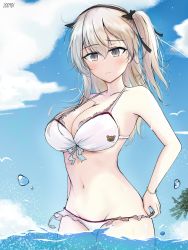 Rule 34 | 1girl, aged up, alternate breast size, alternate costume, bad id, bad pixiv id, bikini, bing115, blonde hair, blue sky, blush, boko (girls und panzer), bracelet, breasts, cleavage, cloud, commentary request, commission, day, from below, girls und panzer, groin, hair between eyes, highres, jewelry, kiroshi, medium breasts, navel, palm tree, shimada arisu, short twintails, sky, solo, swimsuit, tree, twintails, wading, water, yellow eyes